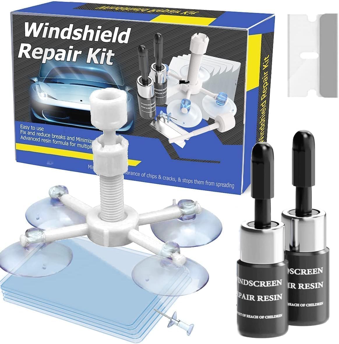 Windshield Repair Kit, Windshield Crack Repair Kit,2 Pcs Car Glass Repair Kit Quick Fix for Chips & Cracks, Windshield Chip Repair Kit, Automotive Nano Repair Kit（Blue）