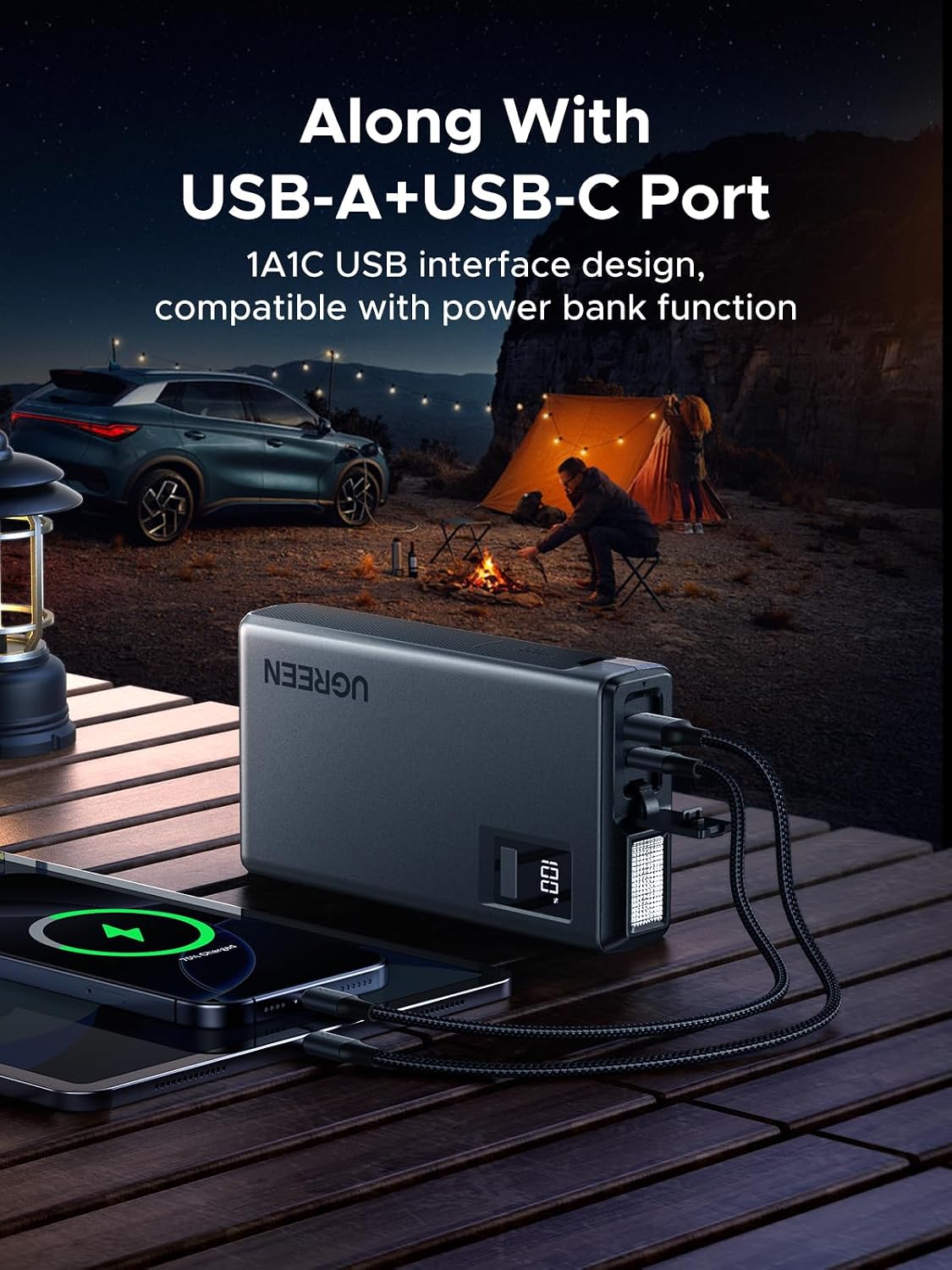 UGREEN Jump Starter Power Pack 1000A Car Battery Booster for 6.0L Gasoline and 3.5L Diesel Engines 12000mAh Car Jump Starter Power Bank with Digital Screen and LED Light for Emergency