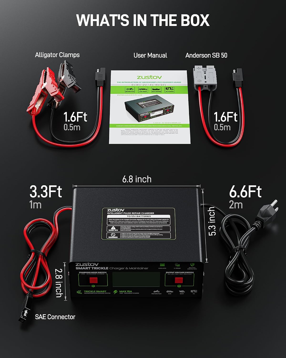Battery Charger Multi-Voltage 6V/8V/12V/14V/16V/24V for Lead-Acid Batteries