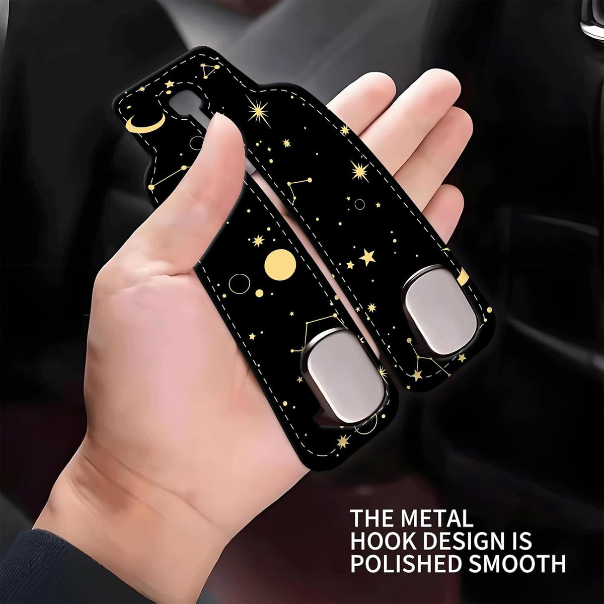 Car Seat Headrest Hook, Universal Leather Cute Hanger Holder Hook, Storage Organizer Interior Accessories for Purse Bags Handbag Black Yellow Sun Moon