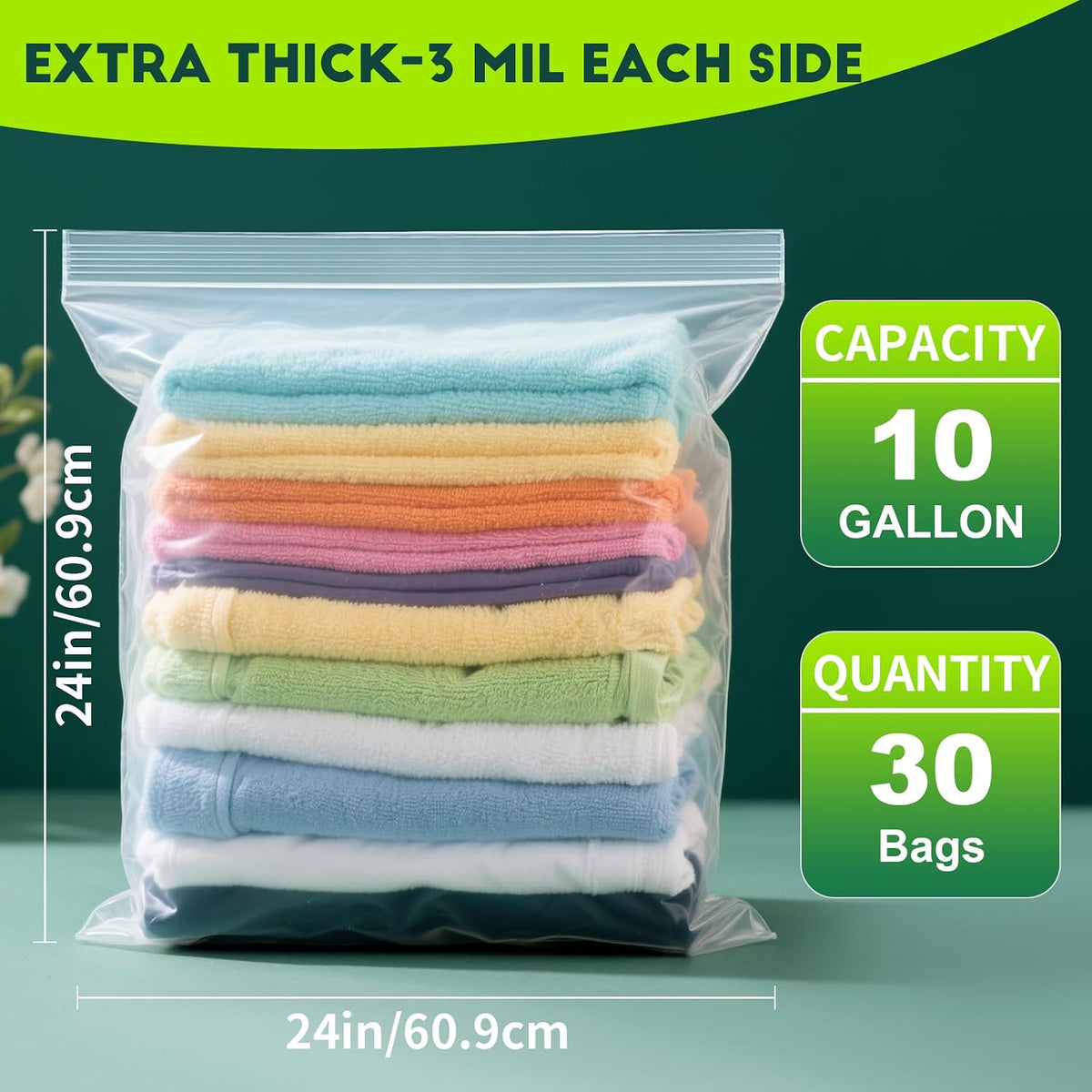 TUXIYA 30PACK 10 Gallon Extra Large Zipper Plastic Bags for Storage 24"x24"
