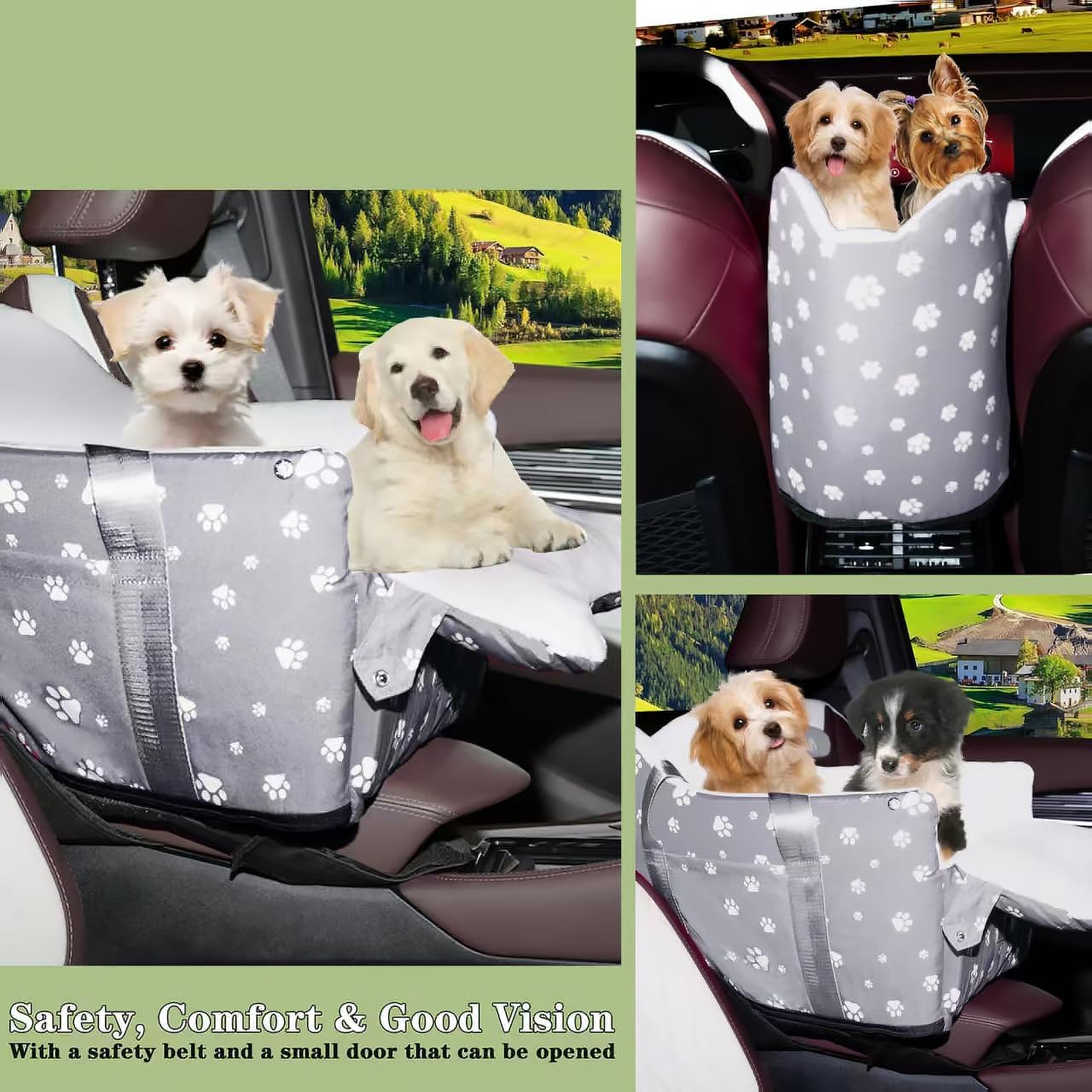 Dog Car Seat for Console - Memory Foam Pet Booster Seat for Small Medium Dogs Up to 21 lbs - SUV Truck Center Console Dog Seat with Safety Leash & Storage Pockets - Washable Cover (Large Grey)