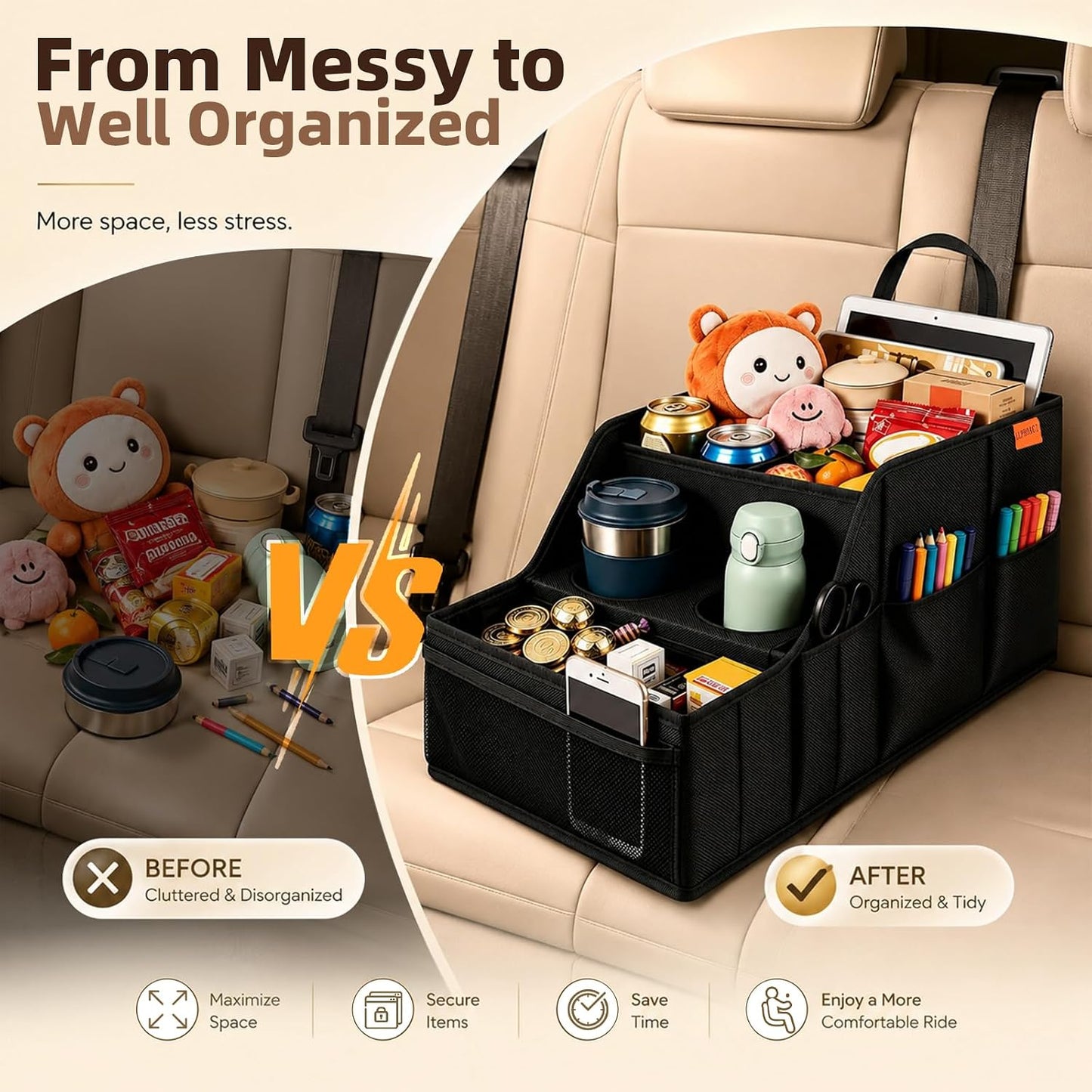 Car Seat Organizer Back Front Captains Seats Storage Travel | Car Organizer, Back Seat Car Organizer, Car Seat Organizer Front Seat – 9 Compartments, 2 Cup Holders – Foldable, Black.
