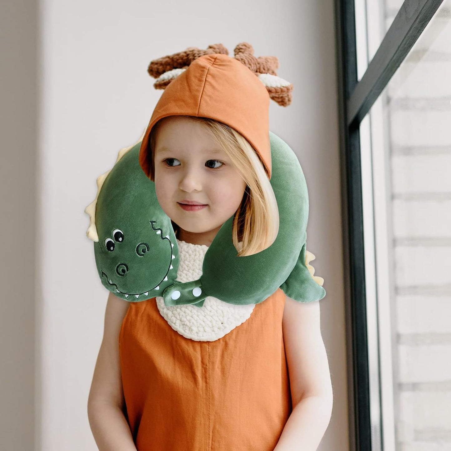 Sexysamba Cartoon Headrest & Neck Pillow for Kids Boys & Girls, Teens, Travel Accessories for Airplane, Car, Recline, Memory Foam Cute Travel Pillow with Sleep Eye Mask - Dinosaur