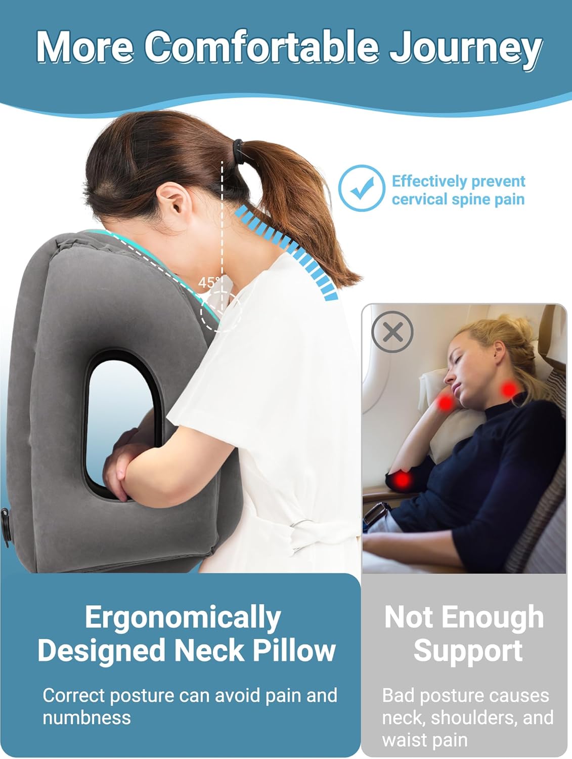 Maliton Inflatable Travel Pillow for Airplane (Dark Grey) | Comfortable Sleeping to Relieve Neck & Shoulder Pain,Support Head Inflatable Pillow for Long Flights, Used for Cars,Trains
