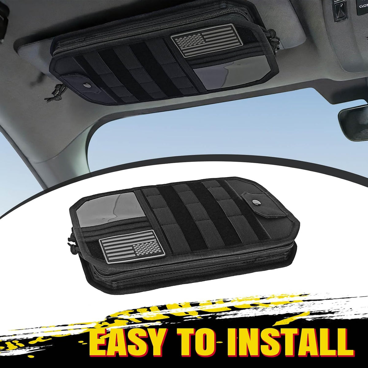 Car Sun Visor Organizer with Panel, Universal Multi-Pocket Storage, Zipper Compartments & Glasses Clip for Cars, SUVs & Trucks