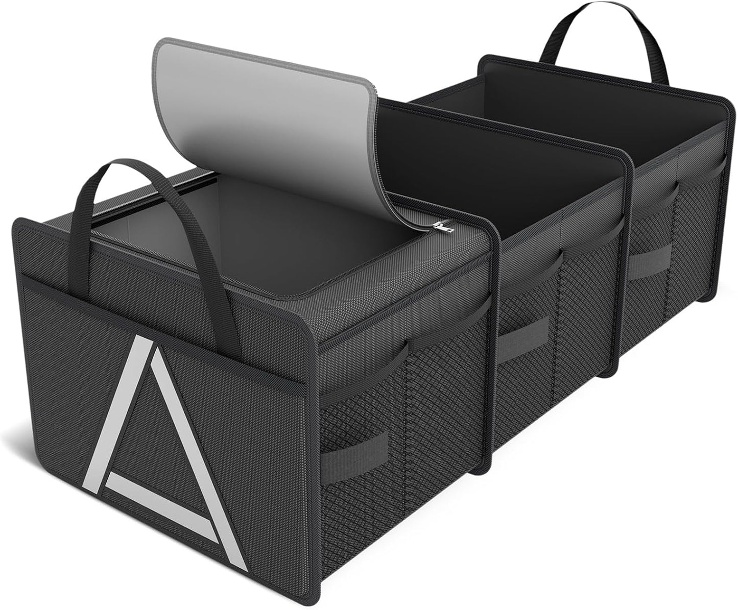 K KNODEL Sturdy Car Trunk Organizer with Premium Insulation Cooler Bag, 3 Compartments Heavy Duty Collapsible for Car, SUV, Truck, or Van (Large, Black)