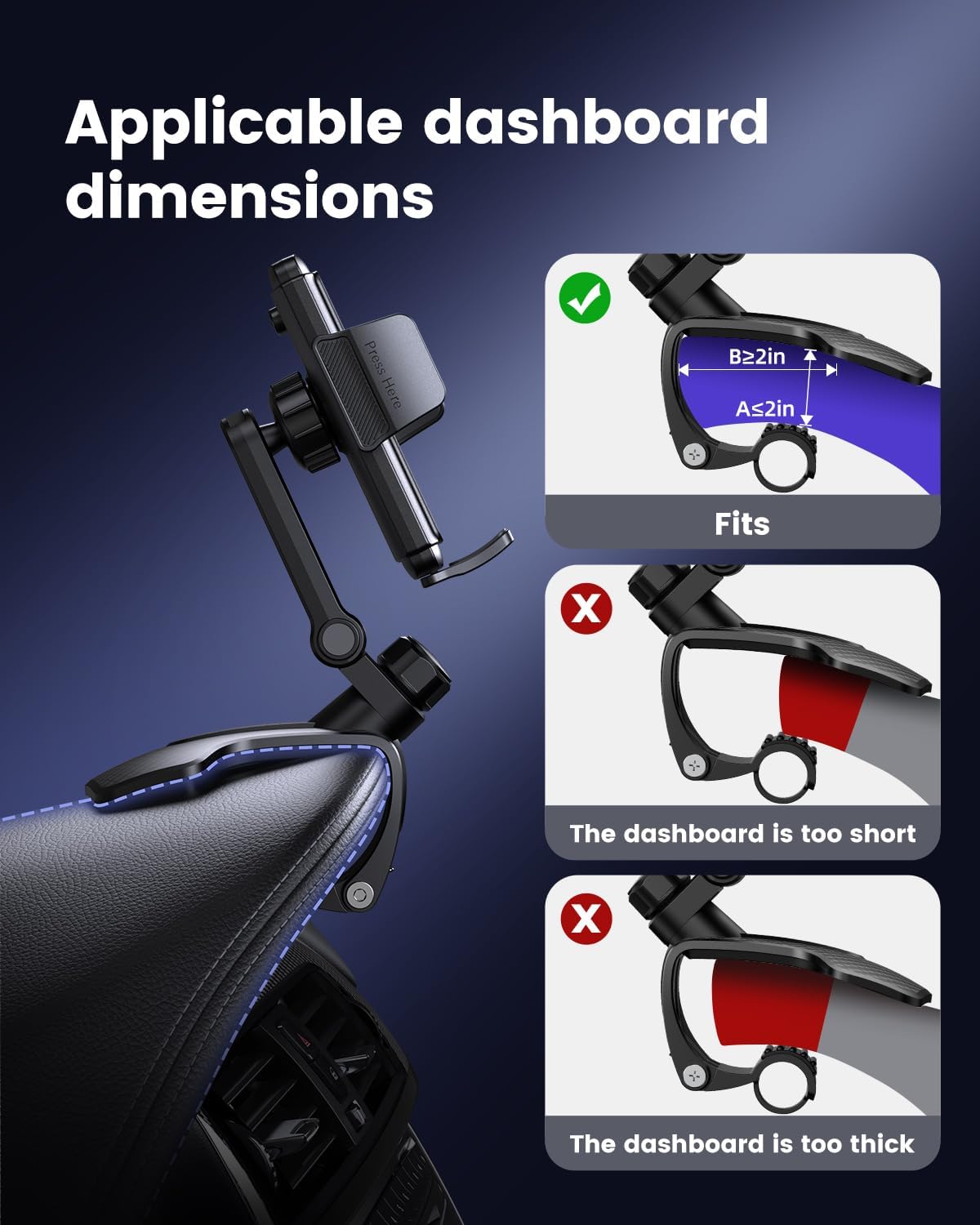 Dashboard Car Phone Holder Mount with Anti-Drop Clip - 360° Rotation Multifunctional Cell Phone Holder Car for iPhone, Samsung, Google and 4-7" Cellphones