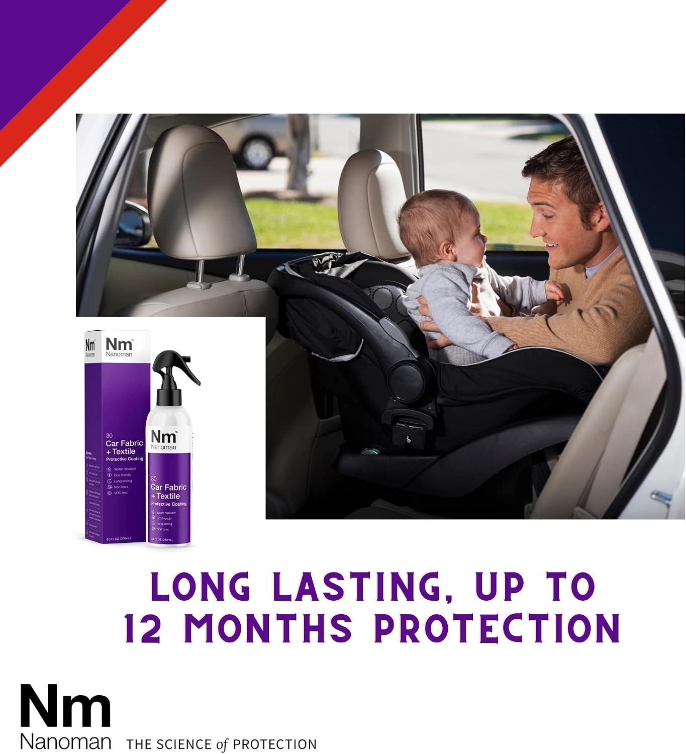 NANOMAN Protect Car Seats from Spills & Stains Fabric & Upholstery Protector Spray (250ml) – Invisible Waterproof Coating for Car Seats, Carpets & Interior Fabric – Easy DIY One-Coat Application