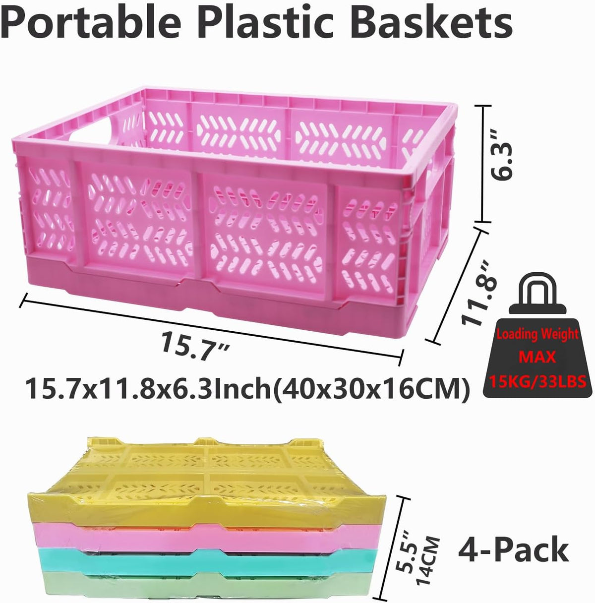 20L Folding Crate, 4Pack Plastic Storage Baskets Organizer for Home and Office,Collapsible Storage Crates for Home Office and Outdoor Organizer.(Pink)