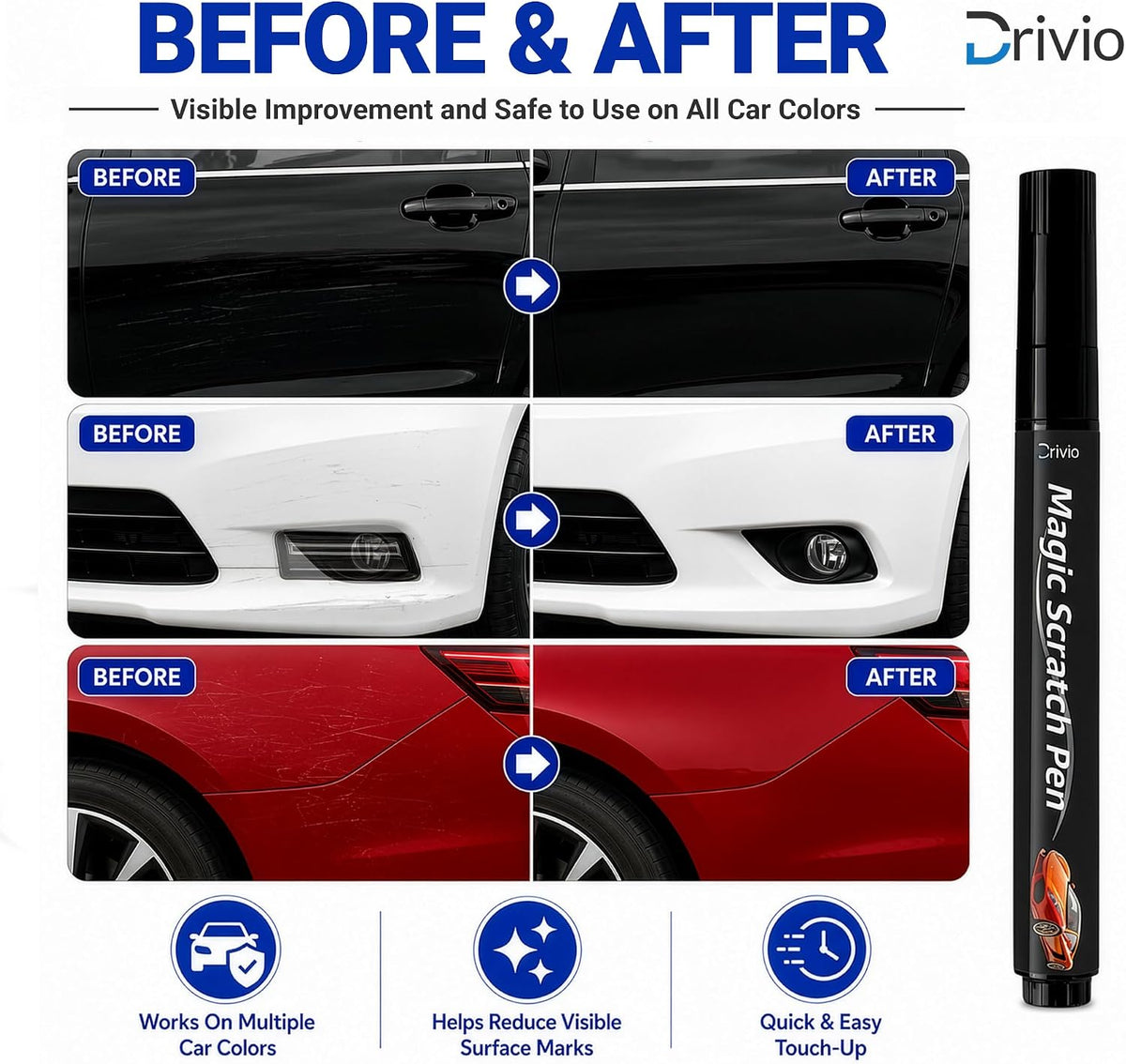 Drivio Car Scratch Remover Pen for Light Scuffs, Swirls & Paint Transfer