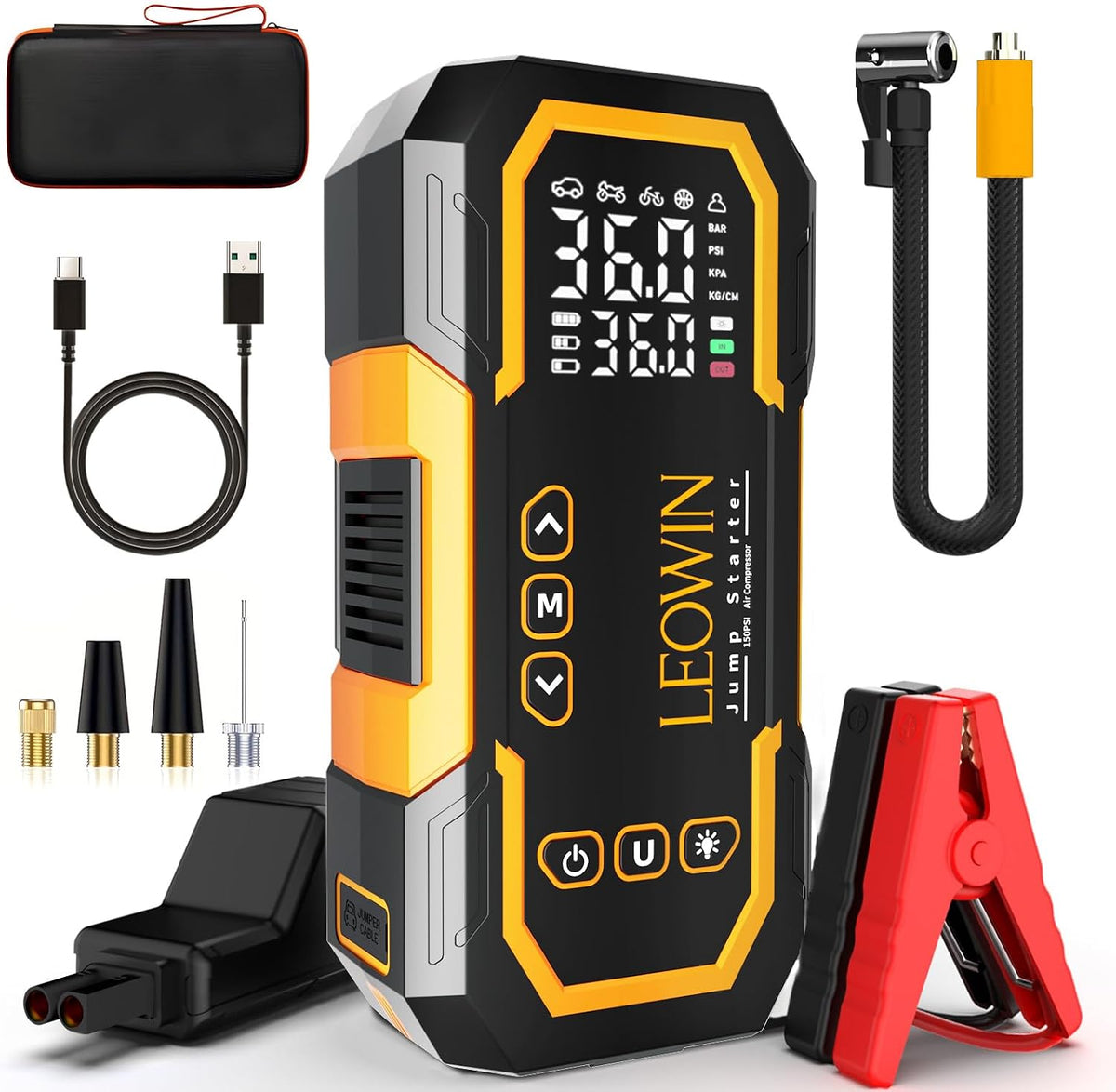 LEOWIN Jump Starter with Air Compressor Portable, Yellow