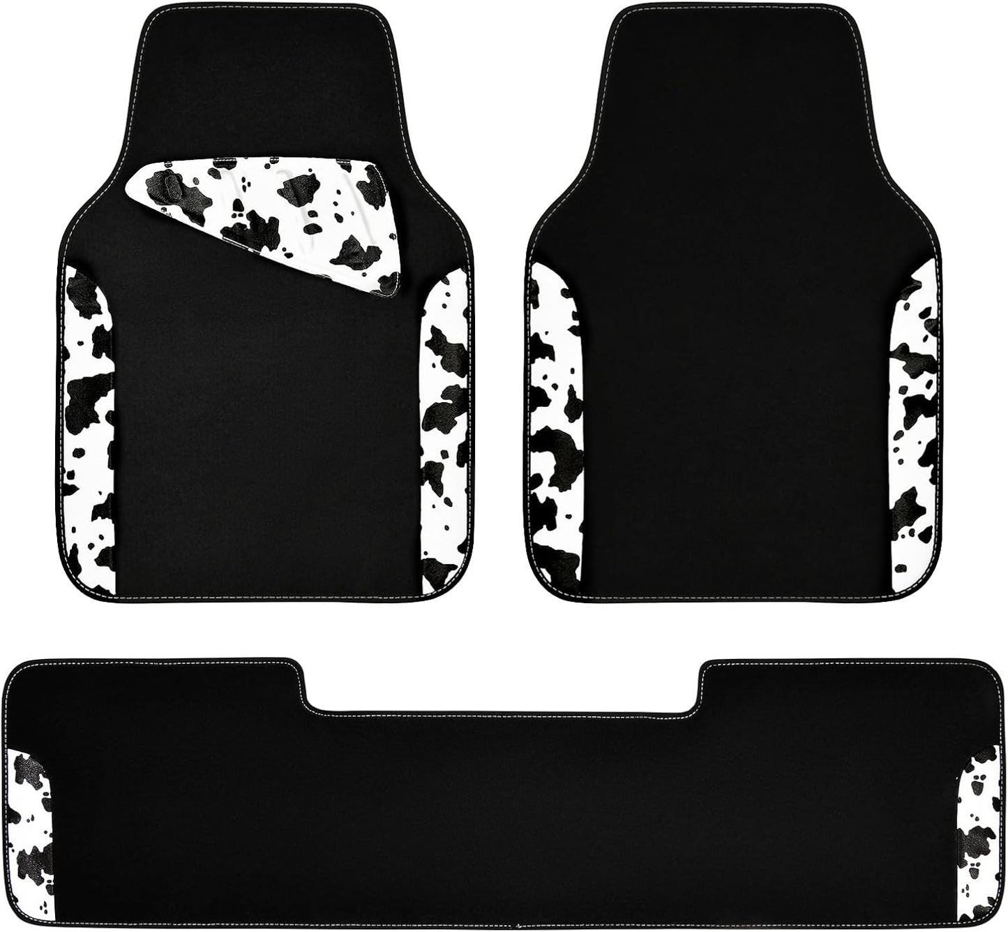 CAR-PASS Cow Print Car Accessories Sets Faux Leather Car Seat Covers & Cow Car Mats & Cow Steering Wheel Cover Seat Belt Pads Universal fit for SUV,Van,Saden,Truck Cute Automobile Interior Sets Women