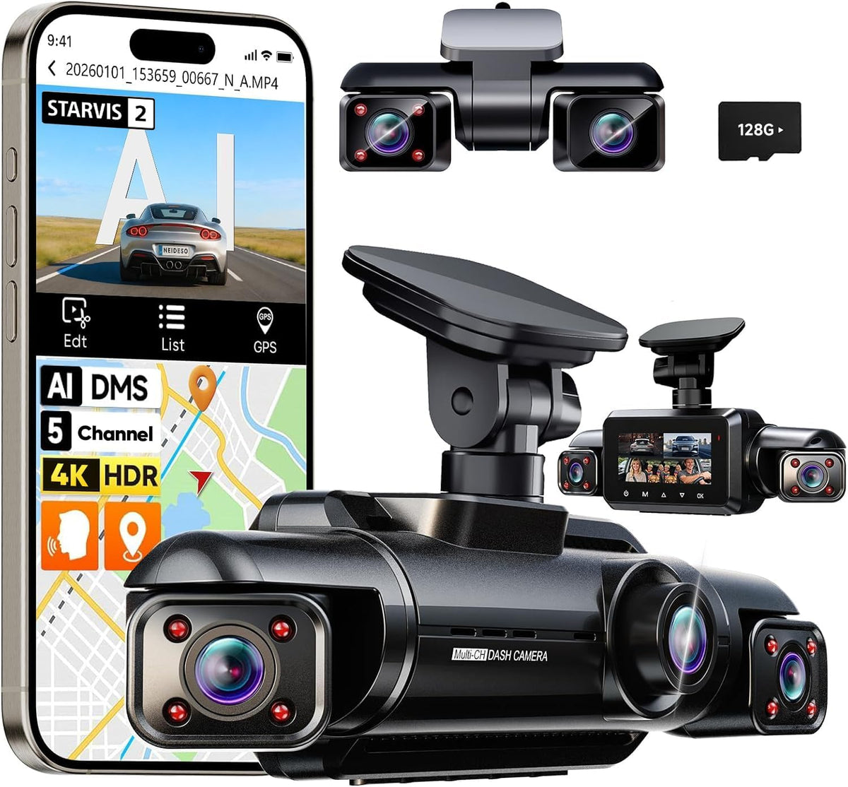 Neideso 5 Channel 360° View Dash Cam Front and Rear, 4K + 3 * 1080P