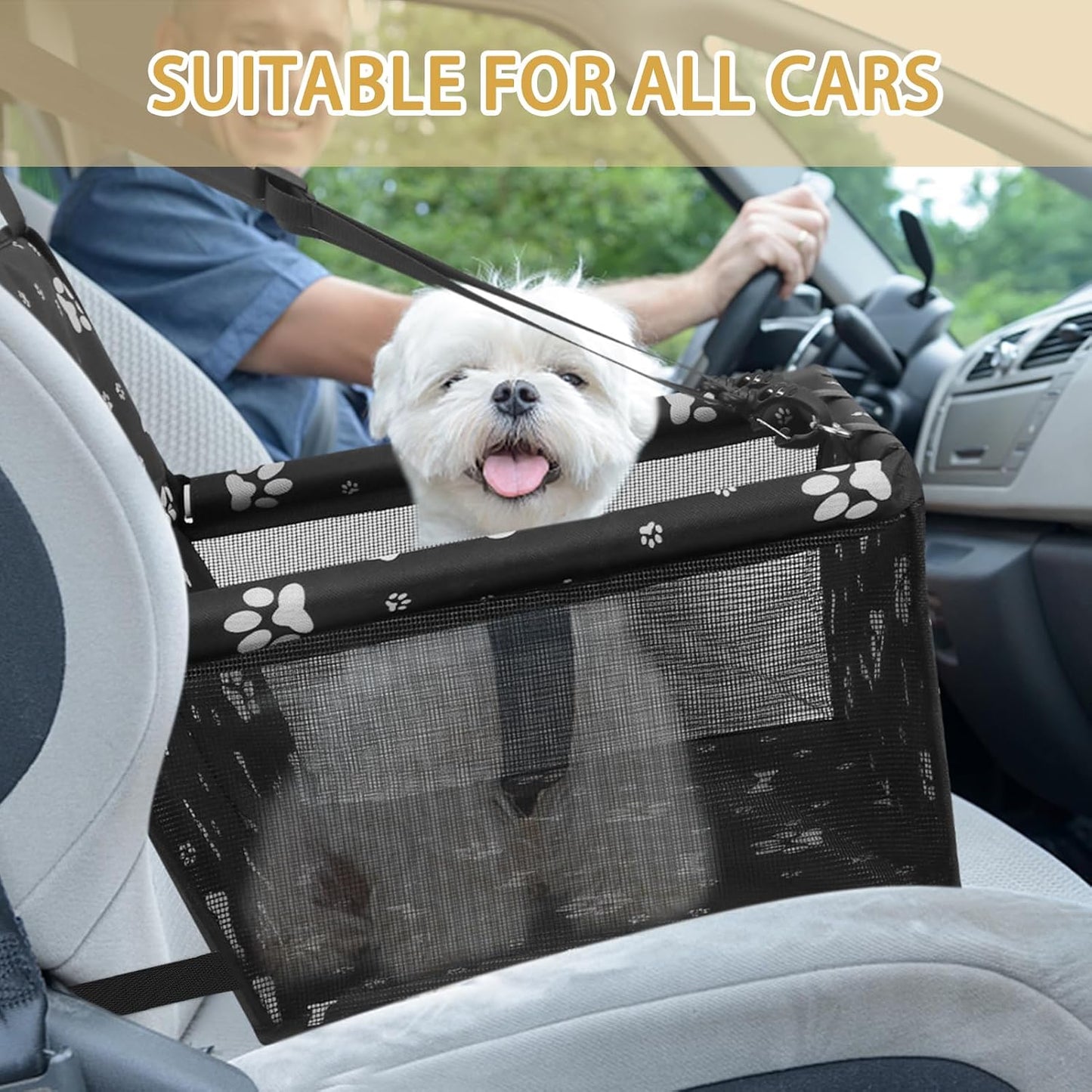 Dog Car Seat, Foldable Dog Car Booster Seat Waterproof Breathable Oxford Travel Bag for Small to Medium Dogs, Puppies, and Pets-Pattern Black