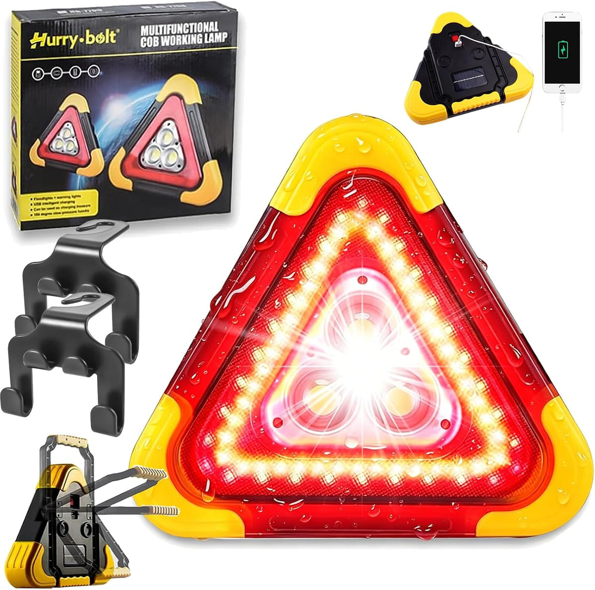 3-in-1 Solar Emergency Triangle Warning Light at the Roadside, USB Rechargeable Led Road Flares Power Bank, Waterproof Safety Triangle, with 4 Flash Modes for Car Truck Roadside (1PCS)