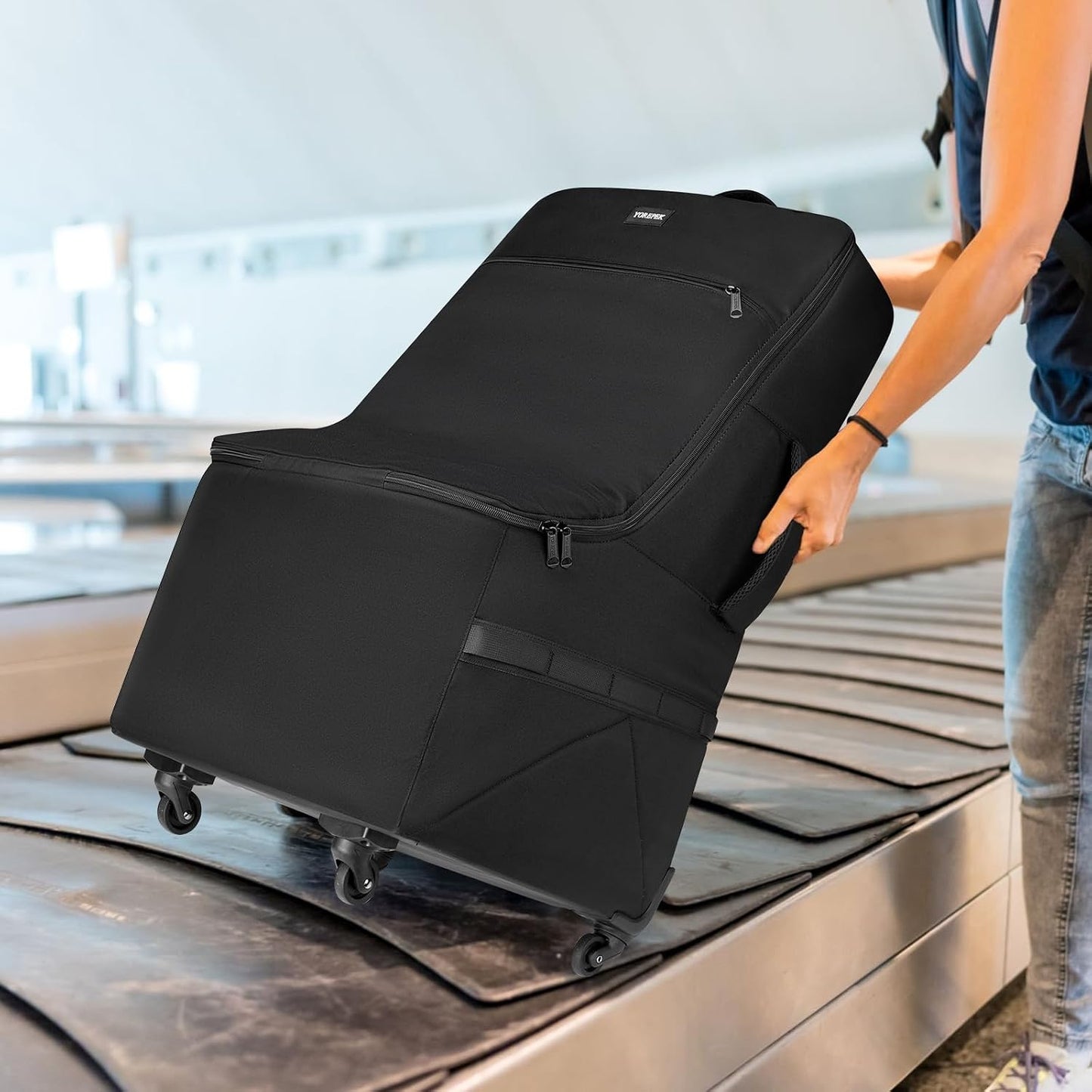 YOREPEK Padded Car Seat Travel Bag for Airplane with Wheels | 4 Spinner Wheels & Stable Base, Shoulder Straps, Extra Pocket for Baby Travel Essentials, Car Seat Carrier for Airport