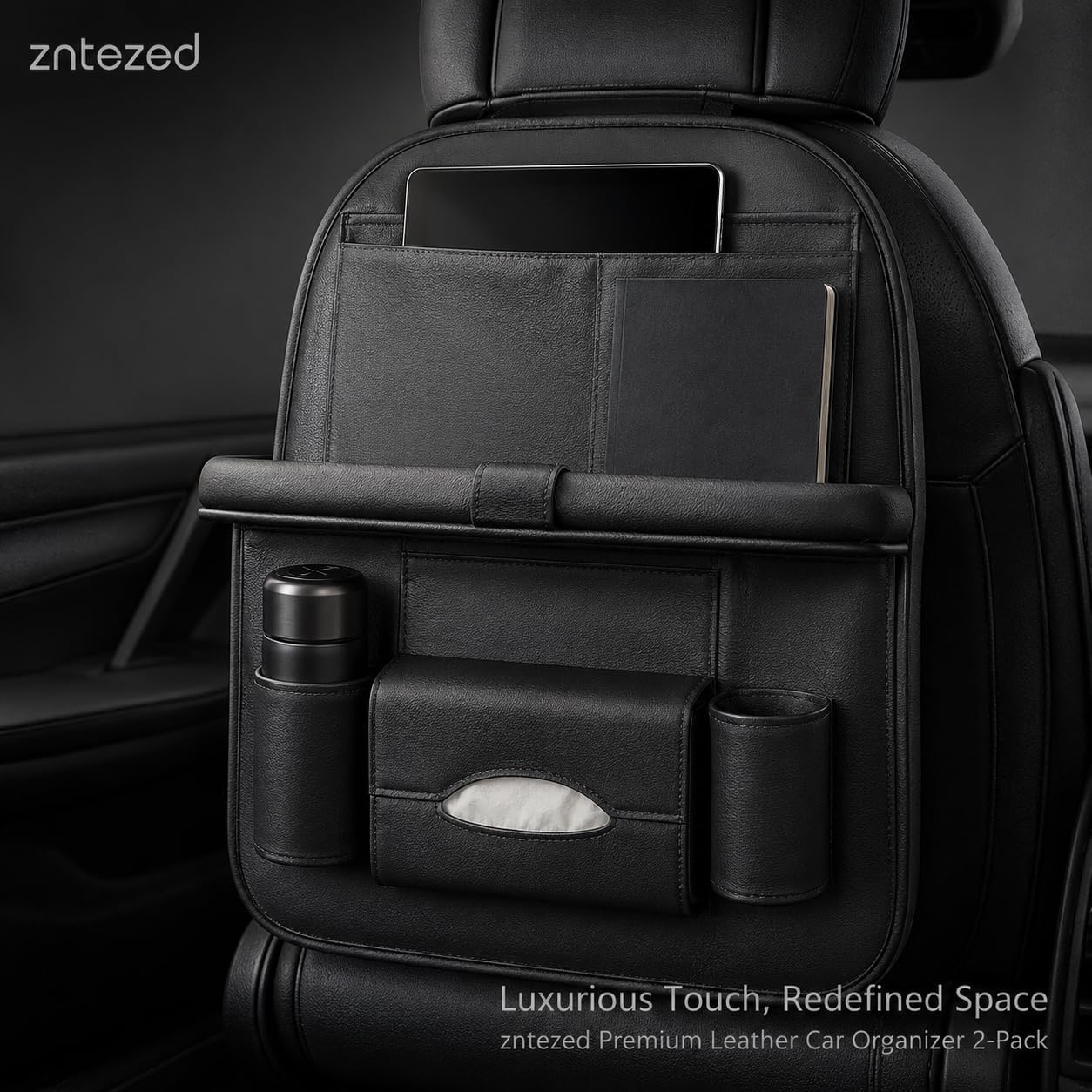 2 Pack Leather Look Car Backseat Organizer with Tablet Holder, Foldable Tray, 8 Storage Pockets, Cup Holder, Tissue and Umbrella Slots, Seat Back Protector Kick Mat for Cars SUVs Trucks