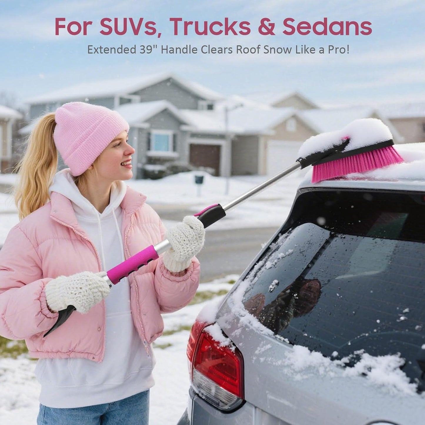 YeewayVeh 39in Car Snow Brush Ice Scraper 360° Rotating, Magenta Pink