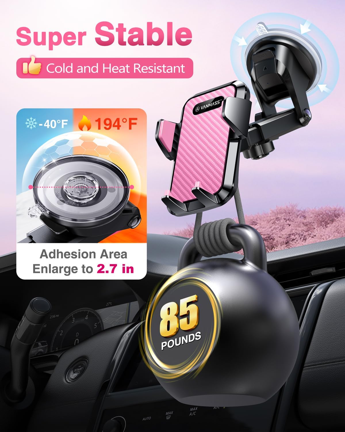VANMASS【85+LBS Strongest Suction & Military-Grade Ultimate Car Phone Mount【Patent & Safety Certs】 Cell Phone Holder for Dash Windshield Vent for iPhone 17 Pro Max Automobile Interior Sets, Light Pink