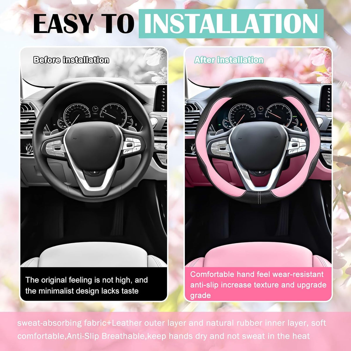 SuperKaKa Car Steering Wheel Cover 2025, Universal Auto PU Cute Breathable Slip-Proof Comfort Imitation Leather Protector Cars Interior Accessories for Women Men Fit Most Vehicle (Pink)