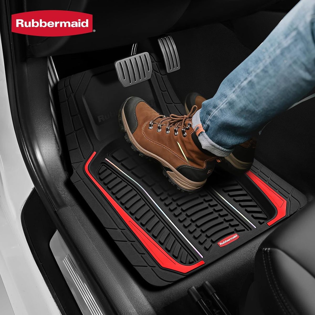 Rubbermaid Car Floor Mats Full Set – Premium All-Weather Car Mat with Brushed Aluminum Inserts, Universal Trim-to-Fit Design, Anti-Slip Backing for Cars, SUVs, Trucks, and Vans
