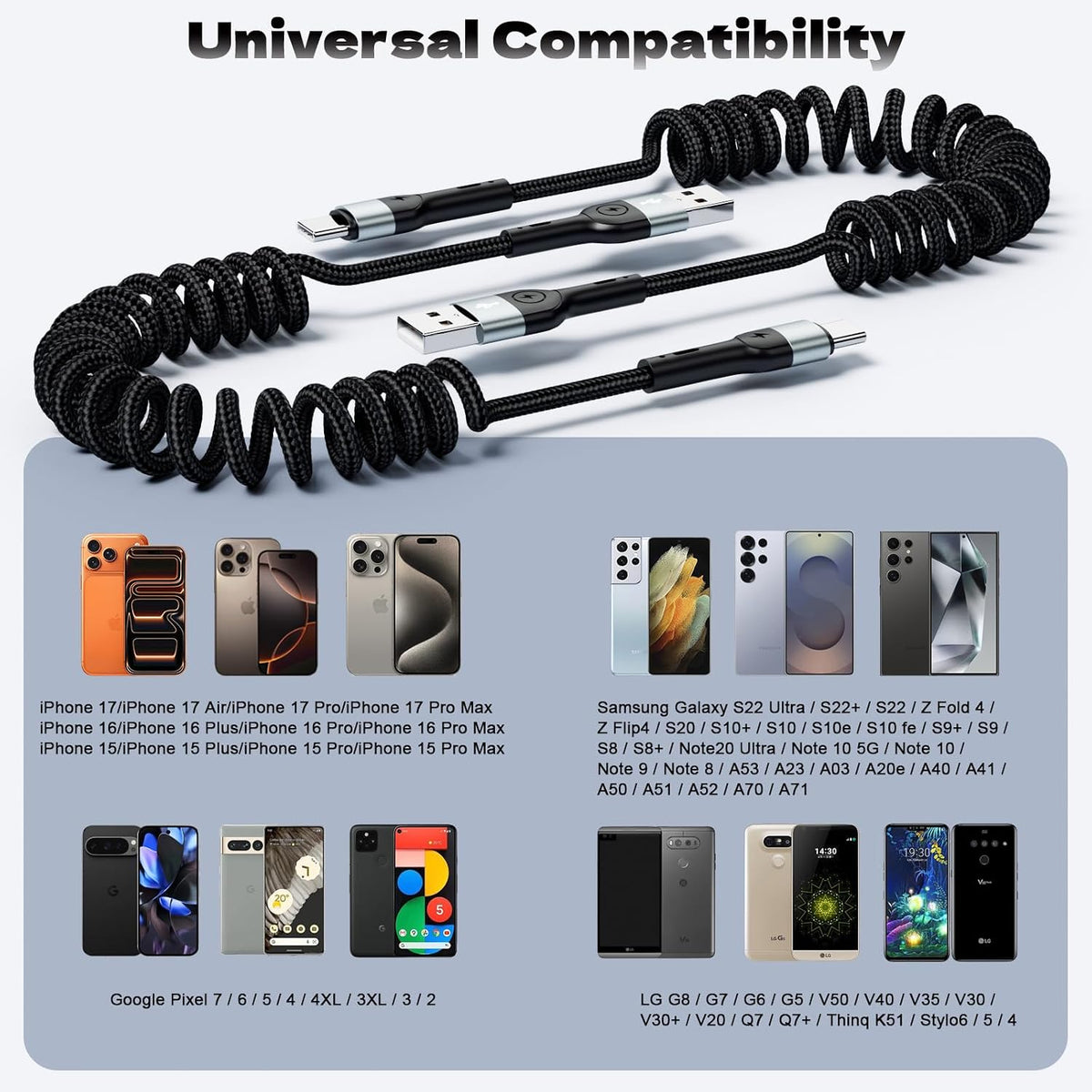 Coiled USB C Cable 2 Pack 3FT, USB A to USB C Car Charger Cable for CarPlay