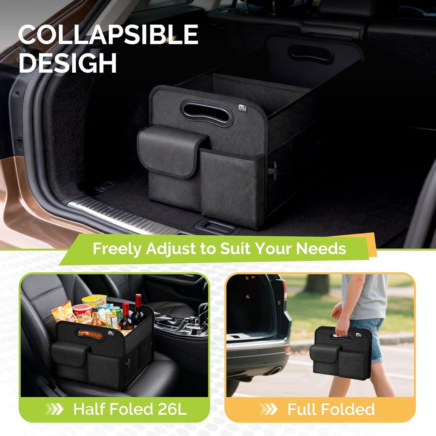 MIU COLOR Trunk Organizer for Car, Car Organizer, 8 Mesh Pockets Trunk Organizer for SUV, Non-Slip Bottom, Storage Organizer for Sedans, Van, Jeep, Grocery, 2 Compartments, Black 22"x13"x11"