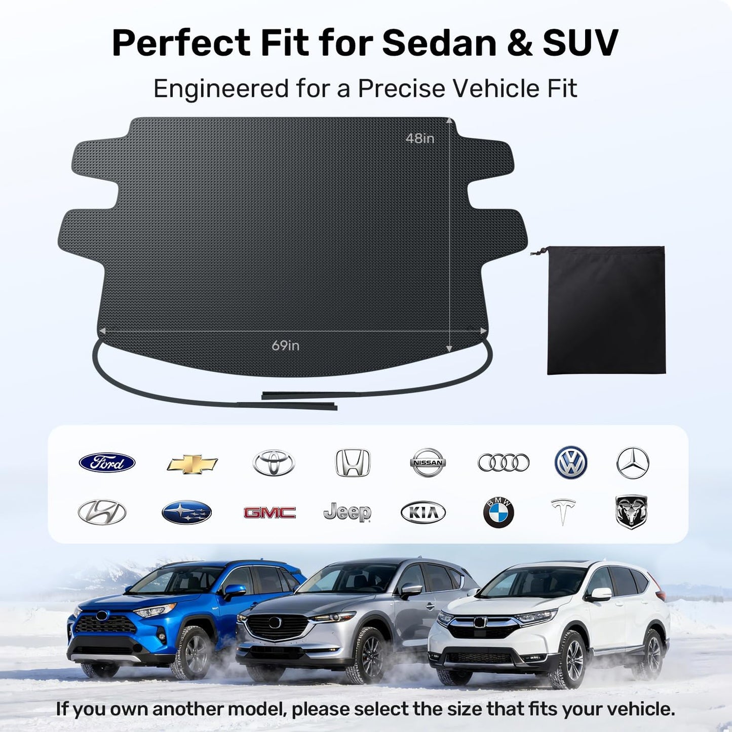 Zanch Upgrade Windshield Cover for Ice & Snow [Fast Install & Removal] 600D Oxford Fabric Against Magnetic Fit Snow, Ice, Frost, Winter Accessories - Fit for Sedan,Small to Mid-Size SUVs - (69''x48'')