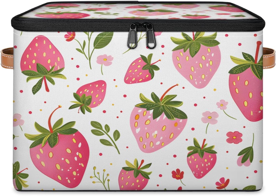 Storage Bin with Lid, Strawberry Stackable Closet Storage Bins, Decorative Bedroom Organizer Box, Lidded Baskets Living Room Storages Boxes Cube Organizer, Cute Container with Handles