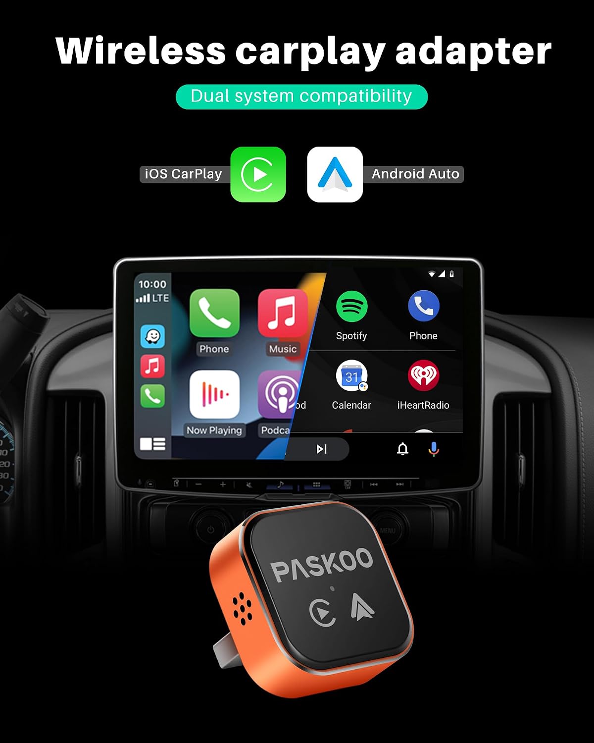 PASKOO Wireless CarPlay Adapter for Apple iPhone & Android Phones, Multi-User Seamless Connection for Convert Wired to Wireless Car Play Adapter, Zero Latency, Plug & Play for 2016+ Vehicles