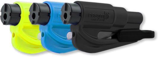 resqme The Original Emergency Keychain Car Escape Tool, 2-in-1 Seatbelt Cutter and Window Breaker, Made in USA, Family Pack of 3, Black, Blue, Yellow - Compact Emergency Hammer