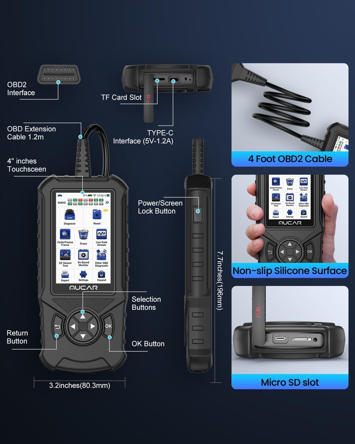 MUCAR CDE900 OBD2 Scanner, Full OBD2 Car Code Reader Diagnostic Scan Tool, 4" Touchscreen & Android 6.0, AutoVIN, Emission Test, Live Data, DTC Lookup, One-Click Update & Print, 2GB RAM Runs Fast