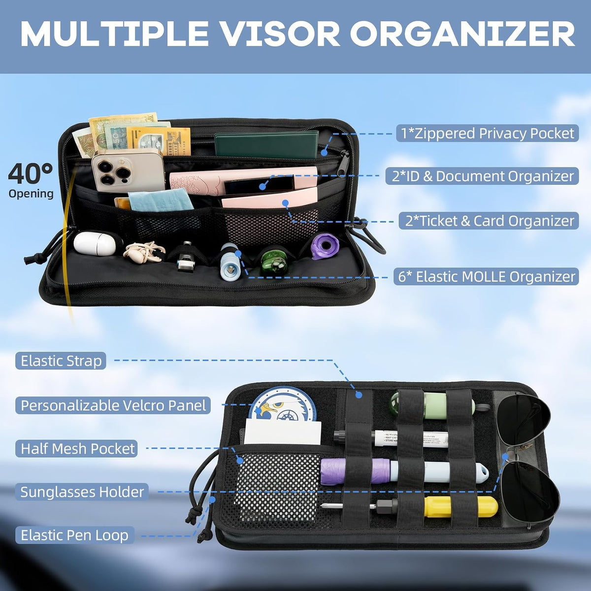 TICARVE Car Sun Visor Organizer Heavy 1000D Nylon MOLLE Pouch Zipper Black