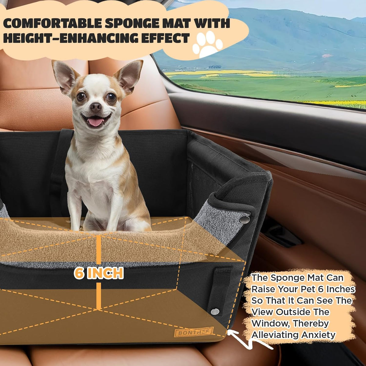 BONTHEE Elevated Dog Car Booster Seat for Dogs &amp; Cats up to 35LB, 6-Inch Memory Foam Pet Booster Seat, Side Breathable Mesh,Portable Travel-Safe Bed for Cars,Elevated Car Seat for Small Medium Dogs