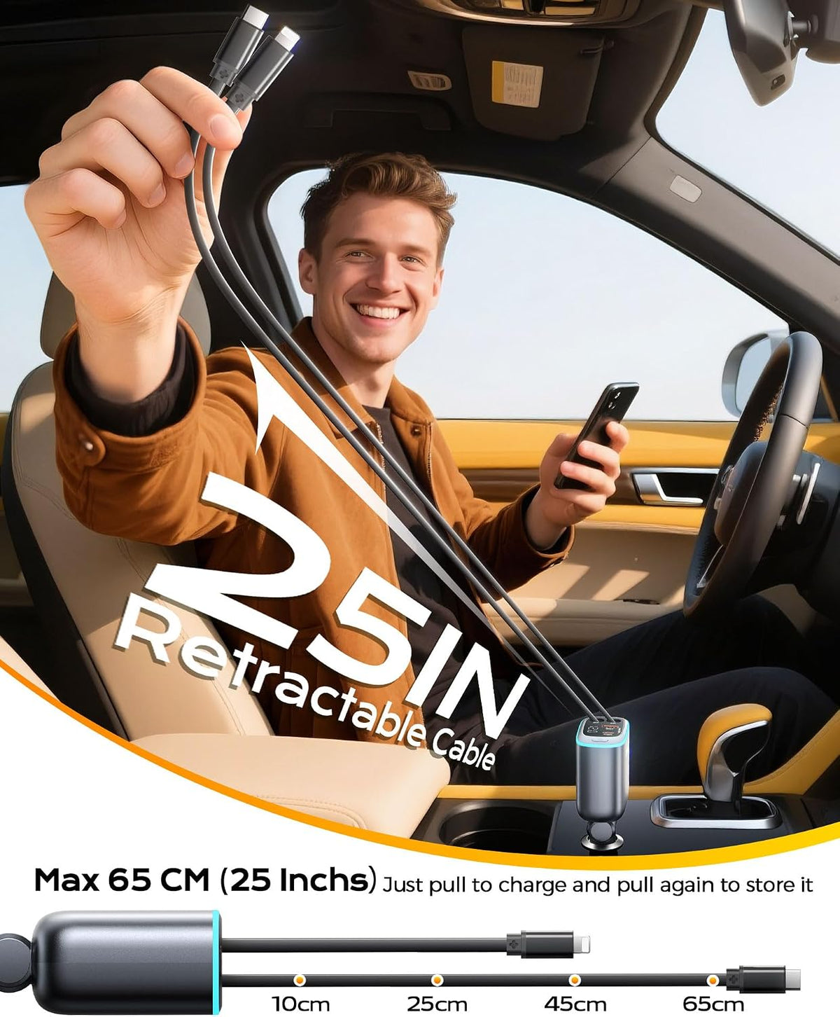 iPhone Car Charger, Retractable Fast USB C Phone Charger, 4 in 1 Cigarette