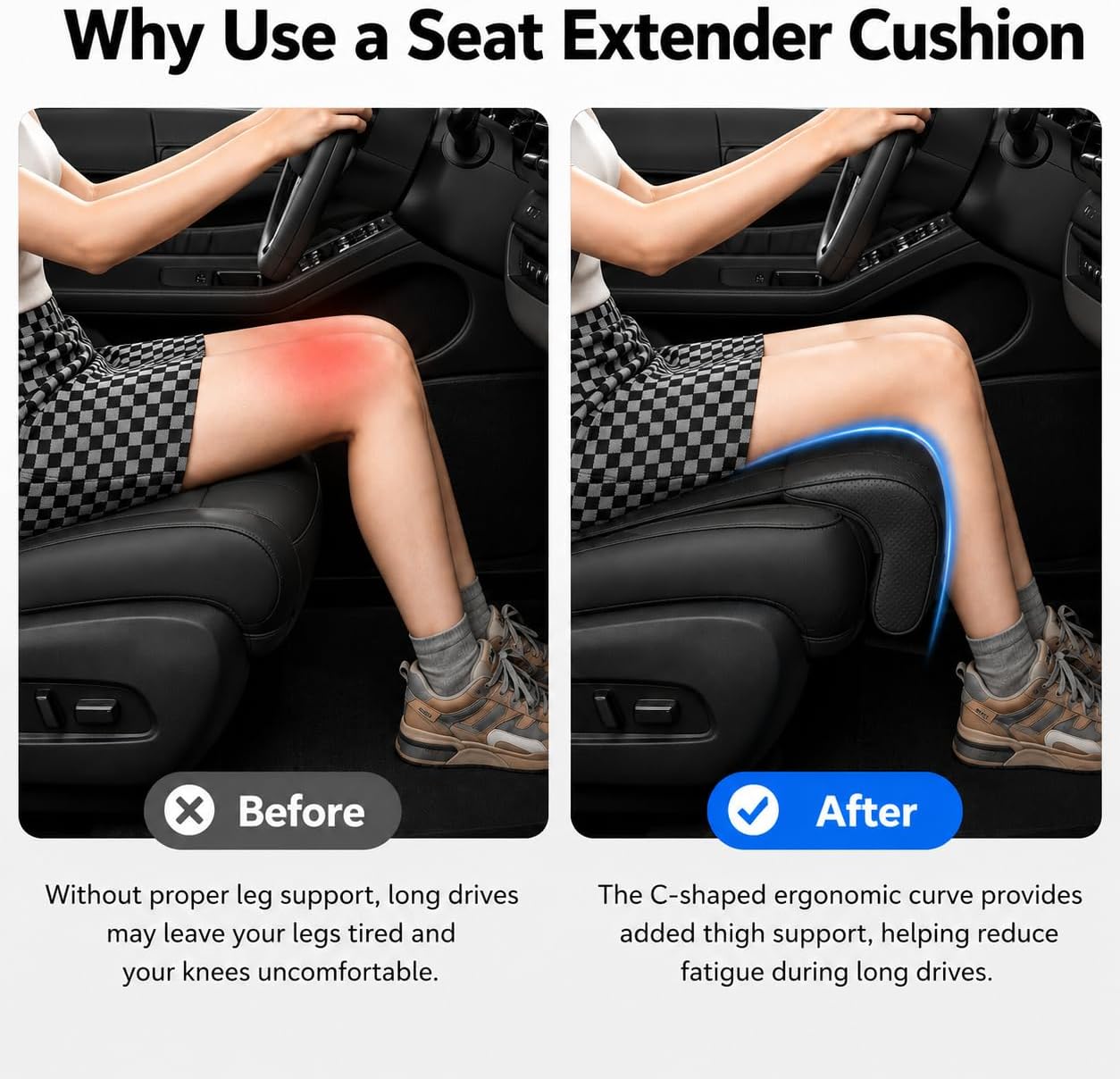 Car Seat Extender Leg Support Cushion, Memory Foam Car Seat Leg Extender with Perforated Leather Cover, Universal Design Thigh Support & Seat Protector for Long Drives & Daily Commuting (black)