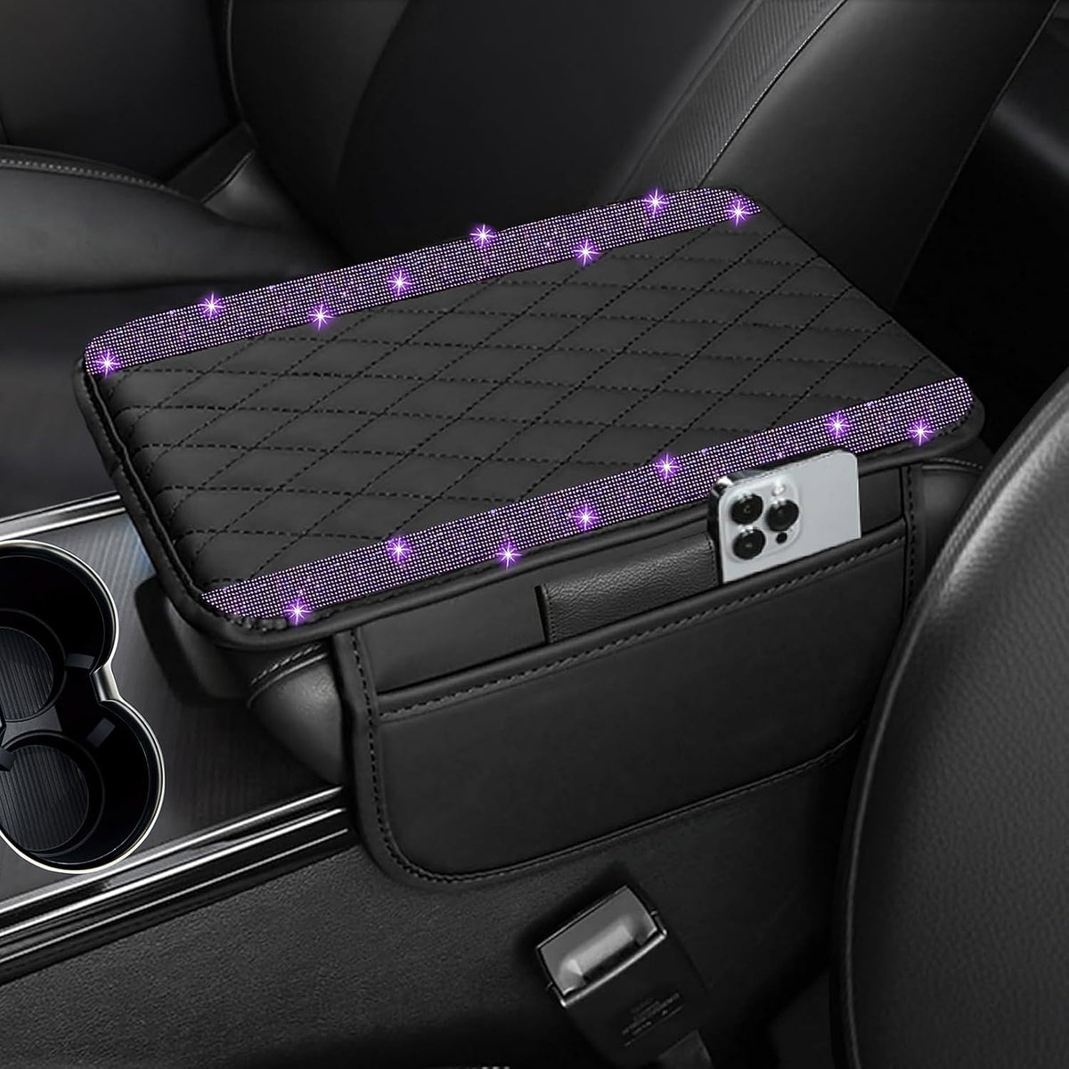 NBTEPEM Bling Car Center Console Cover, Leather Car Arm Rest Cover Cushion with 2 Storage Bags, Middle Console Cover Universal Armrest Protector Pads, Bling Accessories for Most Vehicles (Purple)