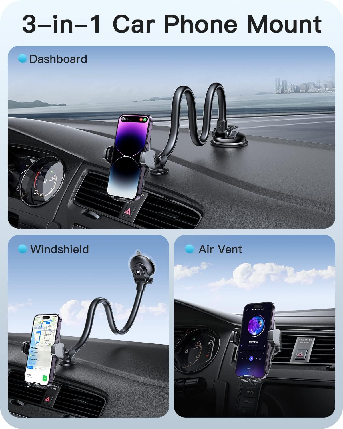 APPS2Car 13" Gooseneck Truck Phone Mount, Suction Cup for Windshield Vent