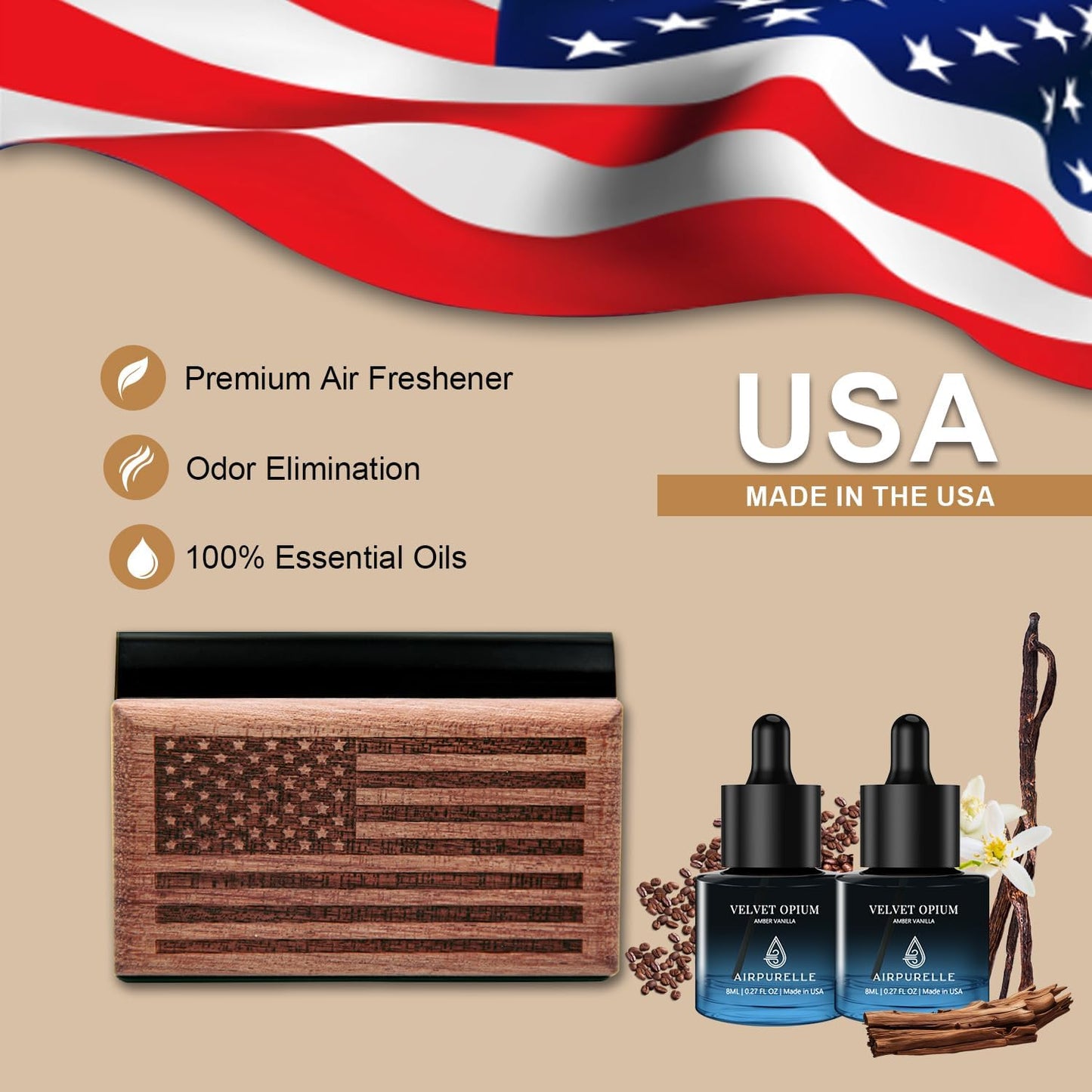 AirPurelle Car Air Freshener with Metal Clip Wood Air Freshener, 90 Days Long Lasting Amber Vanilla Scent, Includes 2x 8ML Refills, 0.54 FL OZ, Made in USA, Car Auto Accessories