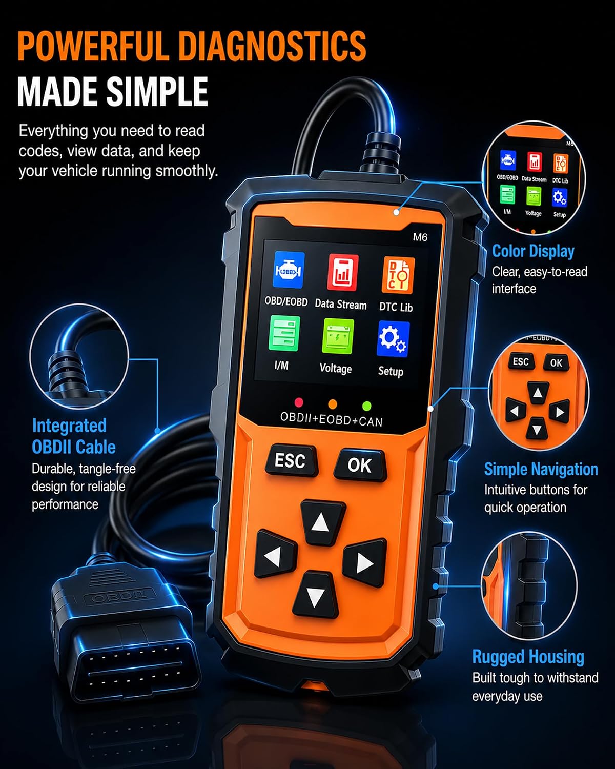 OBD2 Scanner M6,Car OBDII Diagnostic Code Reader (Orange)