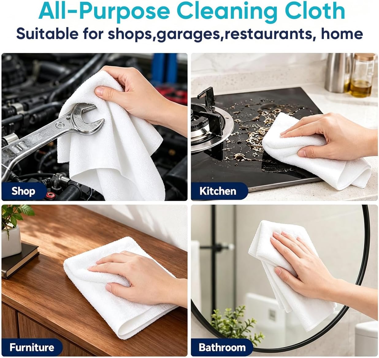 Microfiber Cleaning Cloth 100 Pack White, 11.5"x11.5" | Ultra-Soft Lint-Free Safe for Cars Glass & Screens Absorbent Reusable Washable Ideal for Detailing Shop Home & Garage