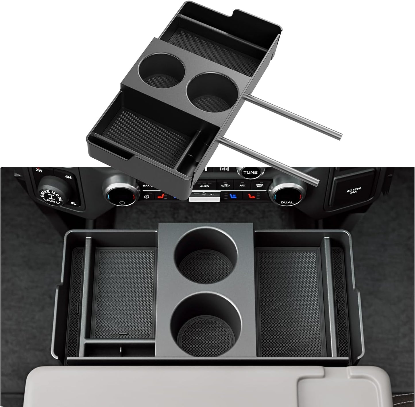 Front Center Seat Headrest Organizer Compatible with 2011-2026 Ford F150 F250 F350 F450 F550 F650 Cup Holder Coin Container Storage Box with Silicone Pads Accessories (Jump Seat Console Only)