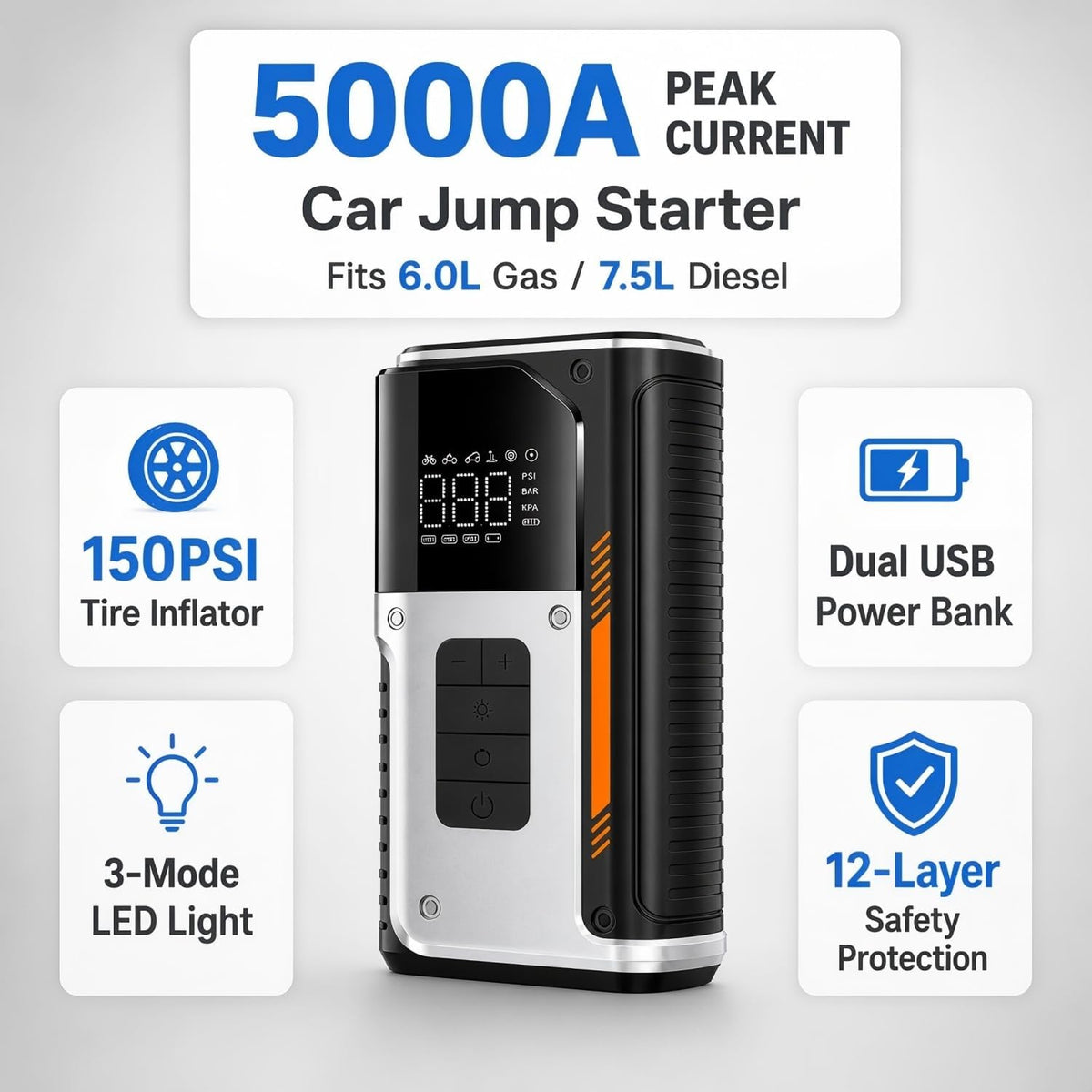 [2026NEW] 5000A Peak Portable Car Jump Starter with 150PSI Air Compressor