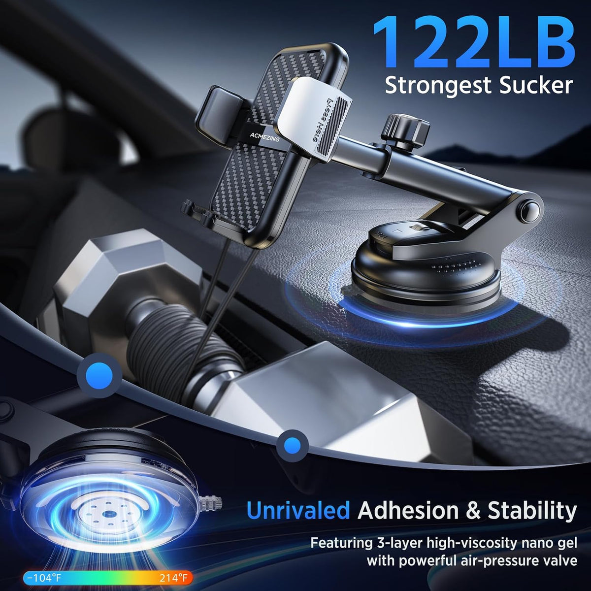 3-in-1 Car Phone Holder [122+LBS Strongest Suction & Stable Clamp Arm] 360° Adjustable Car Phone Mount, Cell Phone Holders for Your Car for Dashboard Vent, All Smartphones & Car Models
