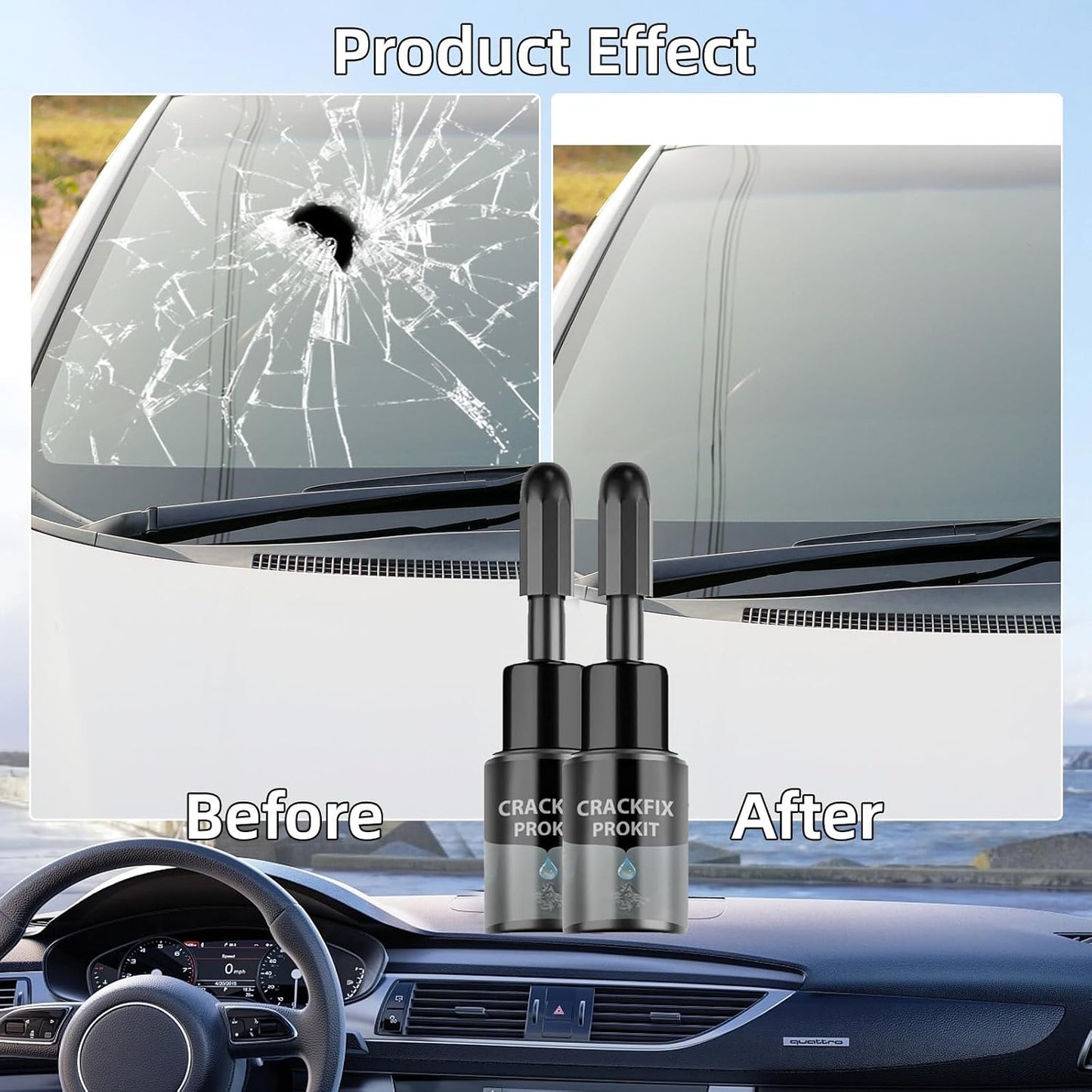 2PCS Crack Fix Pro Kit Windshield Repair Car for Auto Glass, Side Windows | Windshield Crack Repair Fluid Kit for Chips, Stars, Bulls-Eyes & Spiderweb Cracks