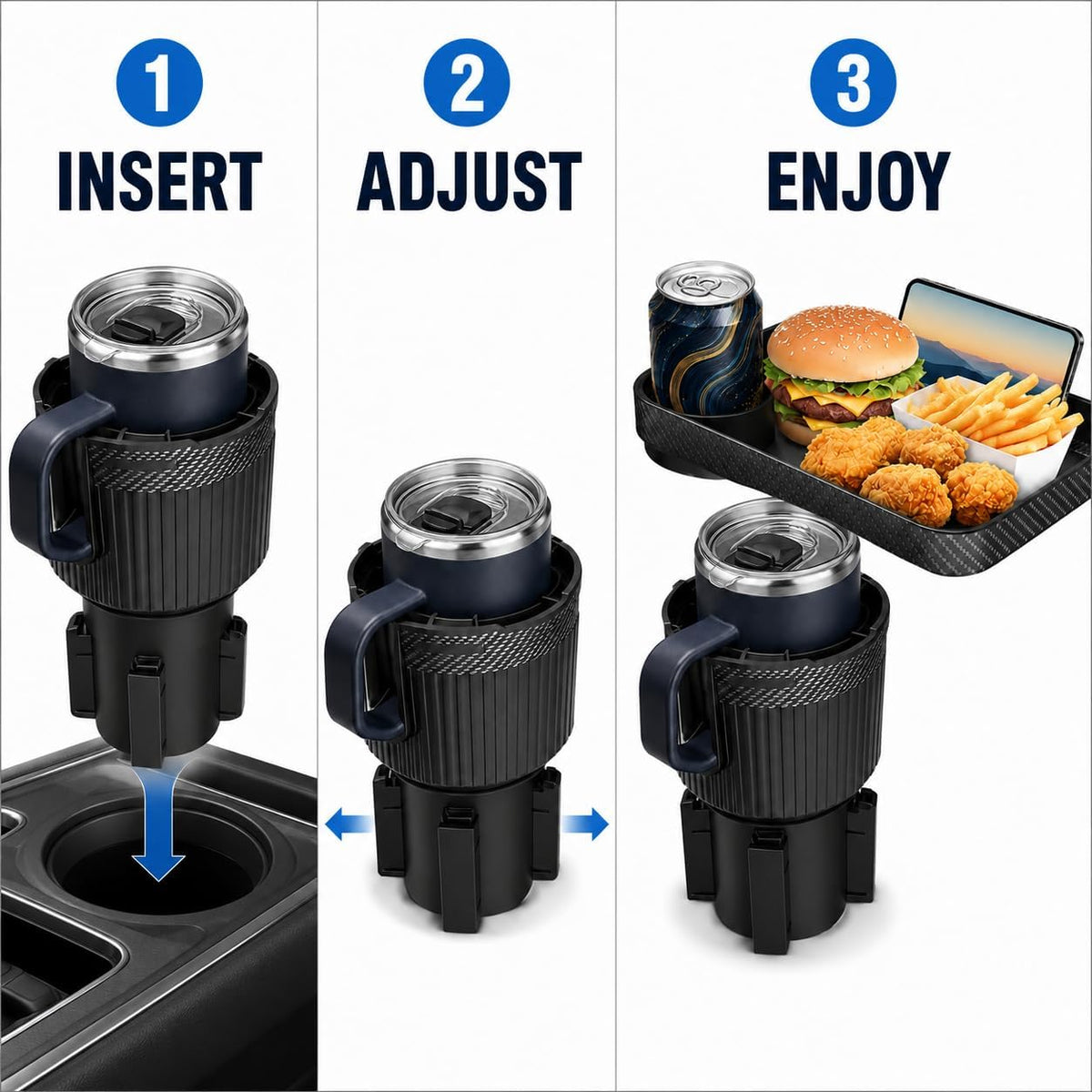 NEVERLAND Car Cup Holder Expander with Tray - 3-in-1 Car Food Tray & Table for Eating - 10" Rotating Surface with Phone Holder - Fits Yeti, Stanley, Owala up to 64 oz - Black Road Trip Essentials