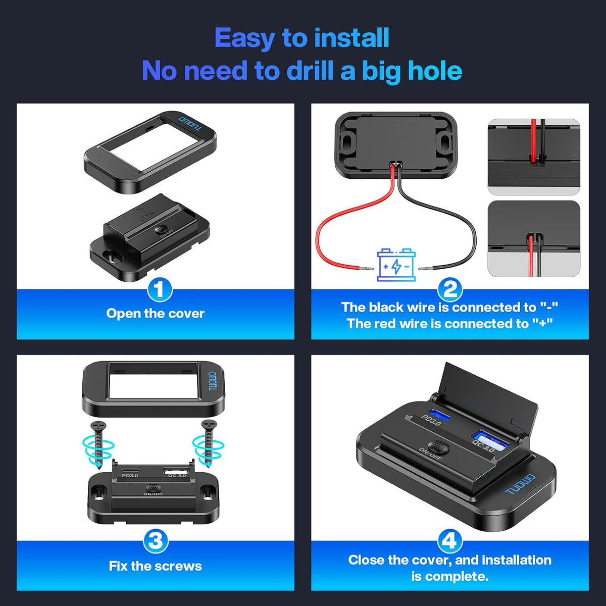 USB Outlet Panel 4-Pack - 54W Fast Charging Type-C PD 36W + USB-A QC 3.0 18W 12V/24V Surface Mount for RV Marine Truck Bus Golf Cart