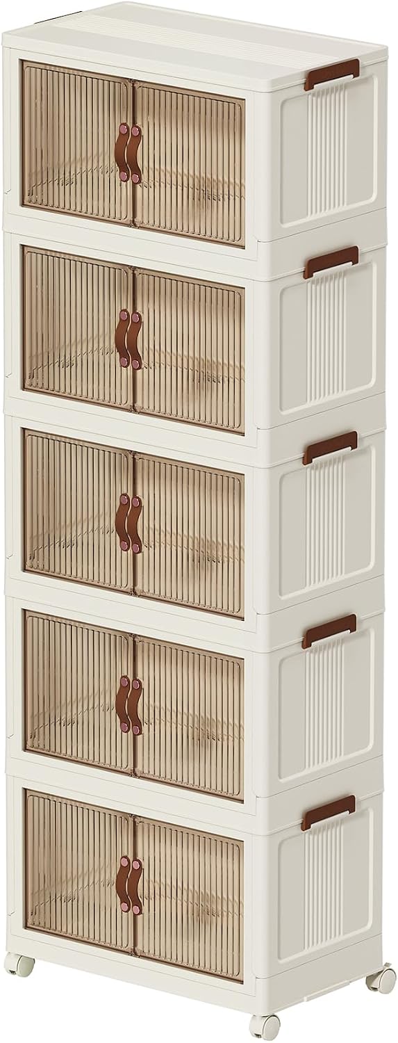 Collapsible Storage Bins with Lids - Stackable Plastic Closet Organizers for Clothes, and Home Organization White (5-rack, 17 Gal/rack)