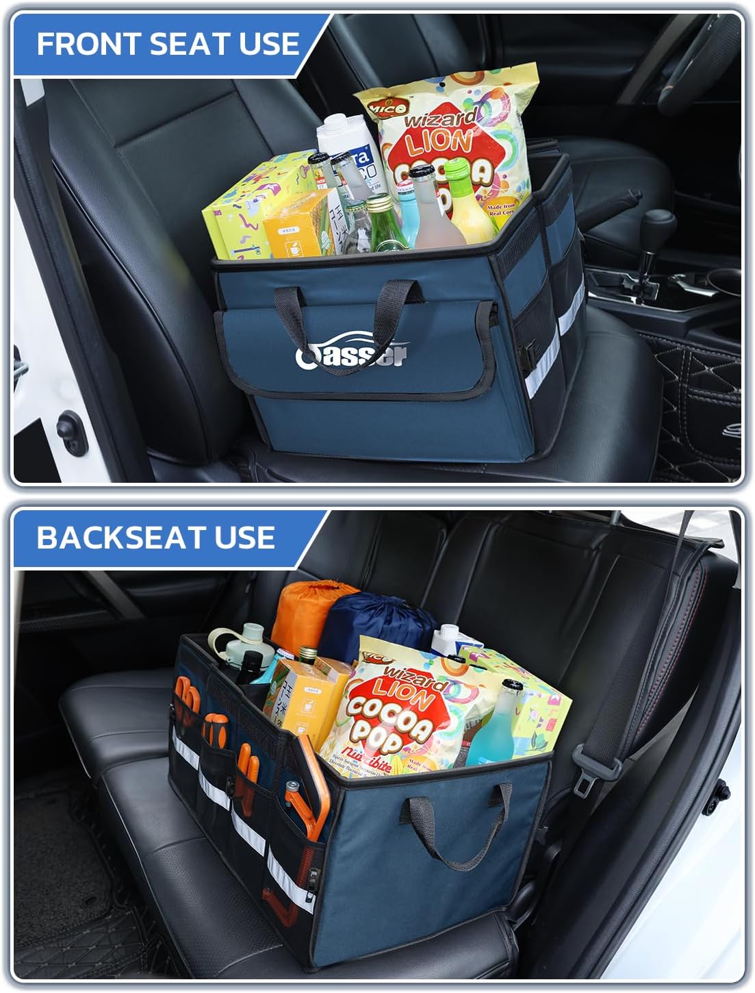 Oasser Car Trunk Organizer with Foldable Soft Lid, 55L 3 Compartments Blue
